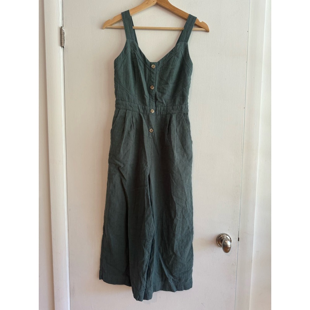 Adelyn Rae Linen/cotton blend olive green tank jumpsuit wide leg zipper back XS